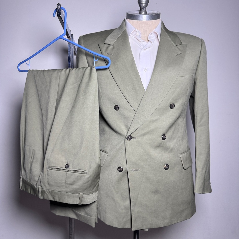 Yves Saint Laurent Suit Mens 40R W32 Sage Tan Solid Double Breasted Wool Vintage